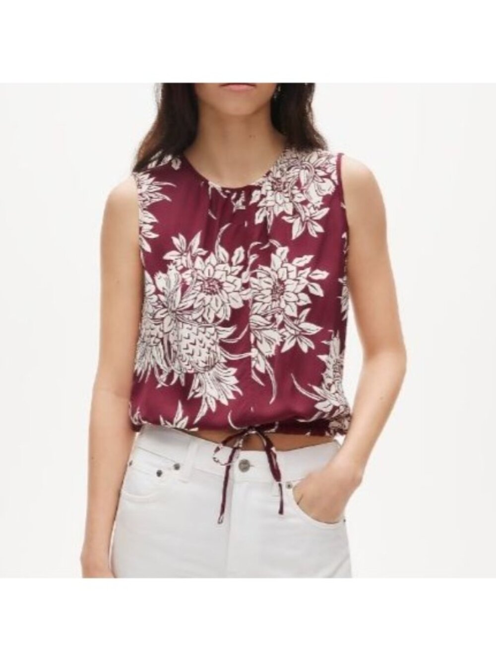 NWT J.Crew Drawstring-Waist Tank Top XL Pineapple Garden Sateen Cropped Tropical